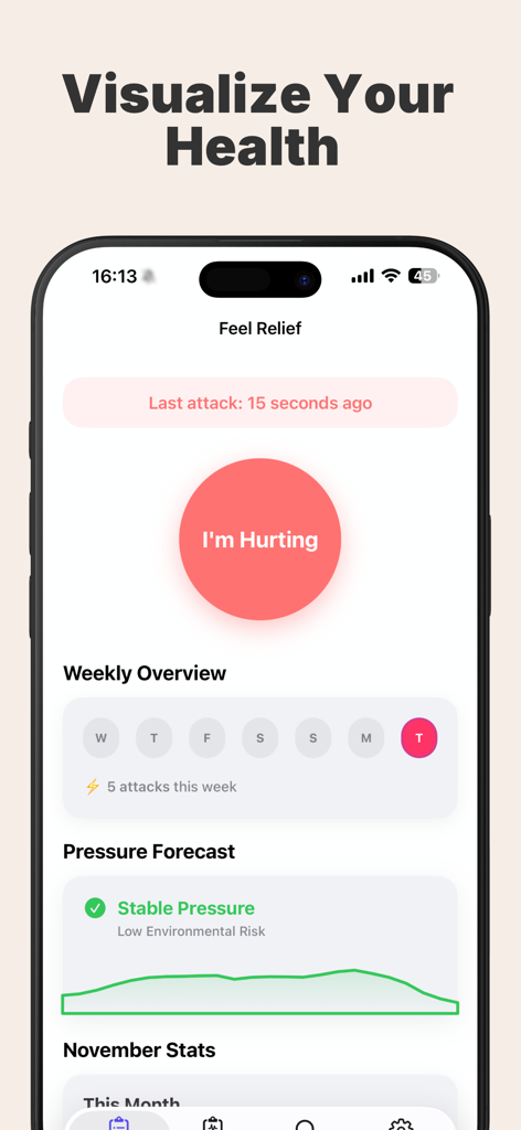 Migraine Tracker: Relief AI - Migraine Tracker app dashboard featuring a large red button to log pain and a weather pressure forecast