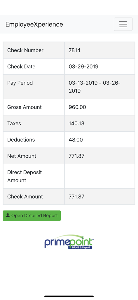 EmployeeXperience - Mobile screen of the EmployeeXperience app showing paycheck details including gross amount taxes and net pay