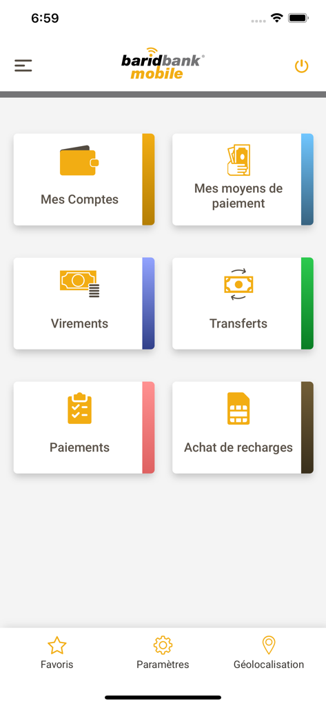 Main menu of Barid Bank Mobile app showing options for accounts transfers and payments