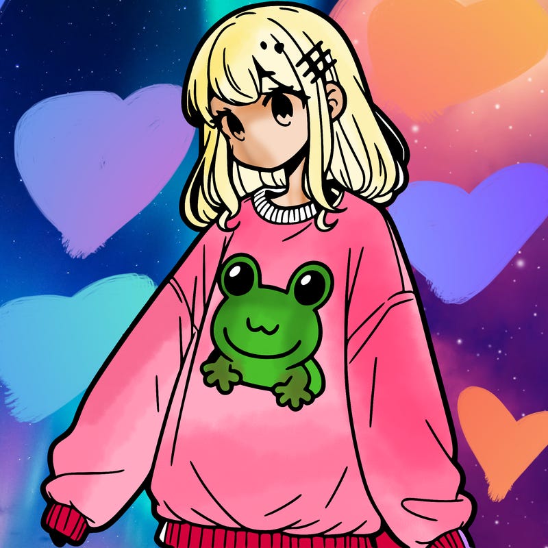 girl wearing frogging sweatshirt