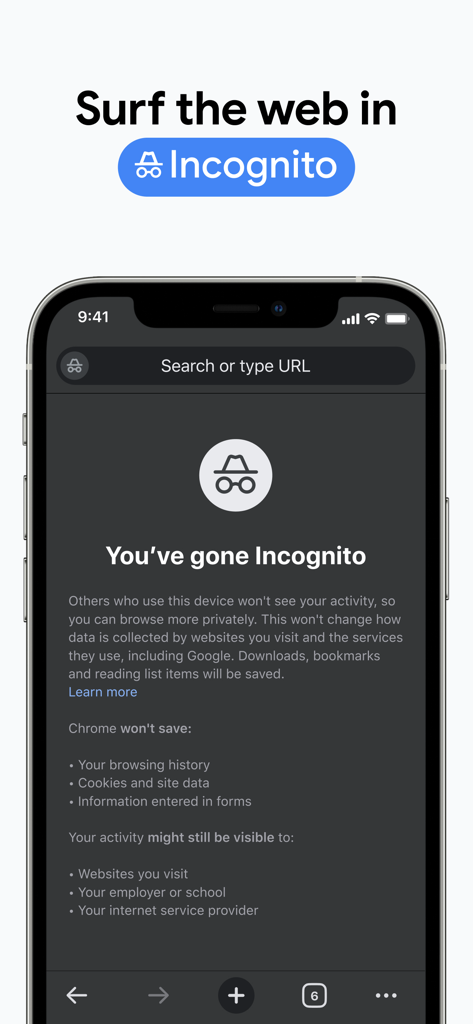 Schermata della modalità di navigazione in incognito di Google Chrome su iPhone per la navigazione privata