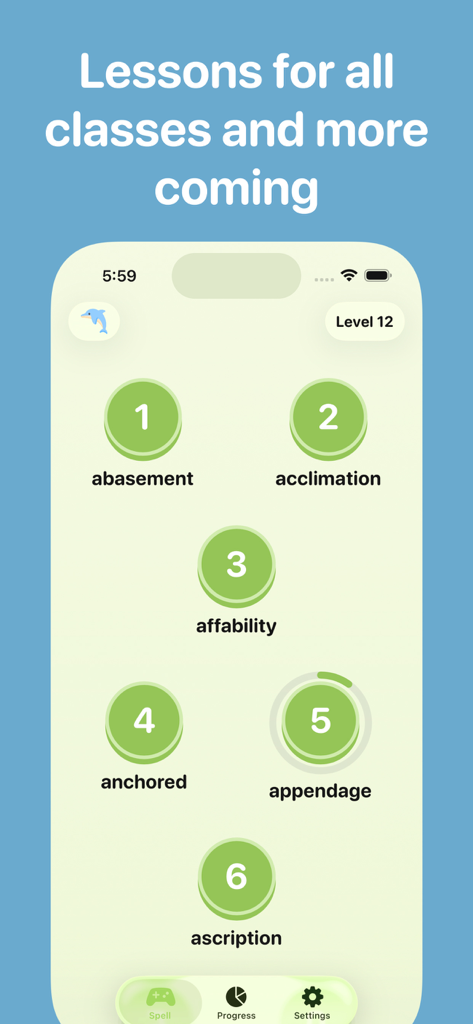 Spelling Bee Beezy app interface showing numbered vocabulary lessons for advanced spelling levels.