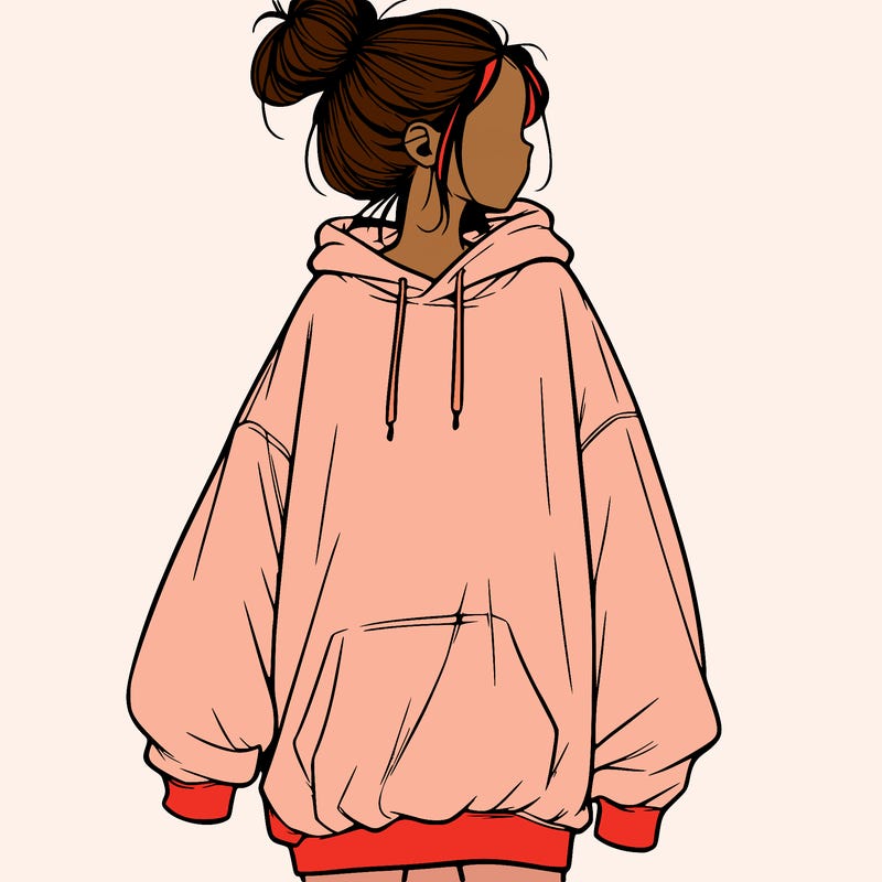 realistic girl with a oversized sweatshirt on and a bun
