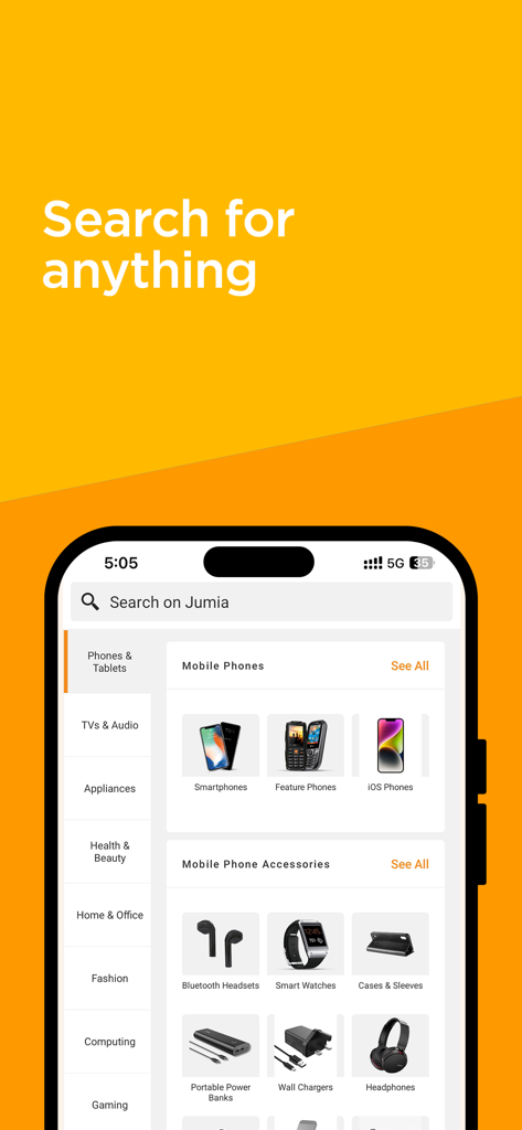 Search interface of Jumia Online Shopping app displaying mobile phone and electronic categories