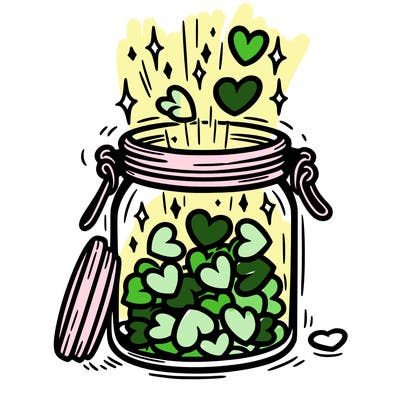 a jar filled with glowing hearts slowly opening and releasing them.
