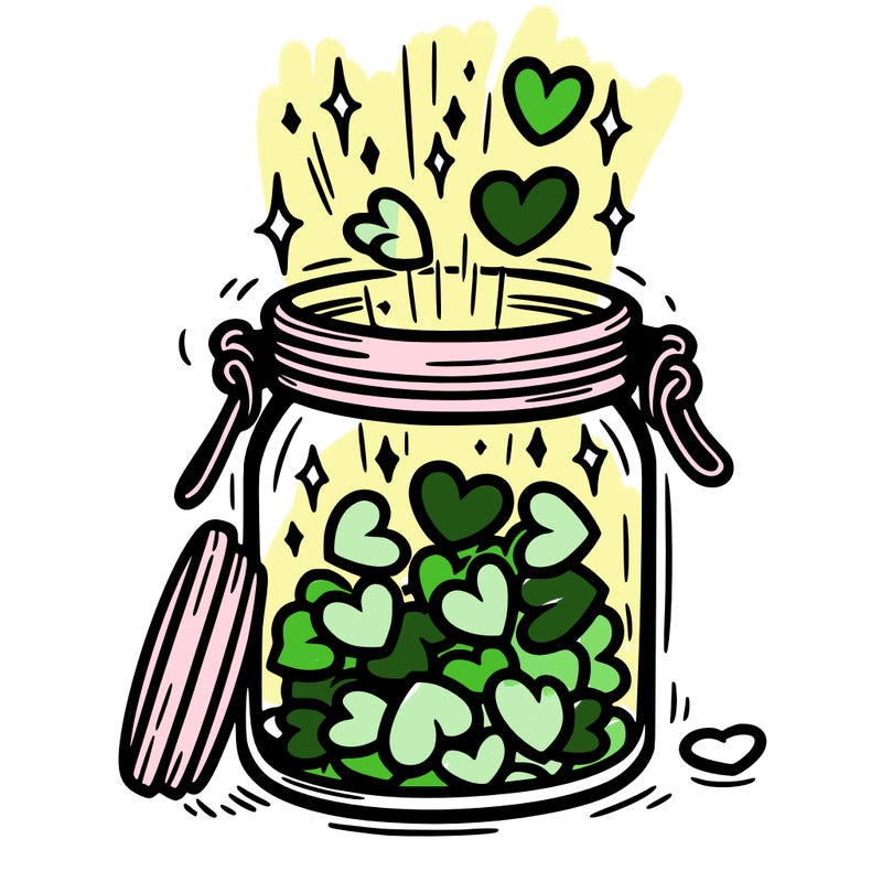 a jar filled with glowing hearts slowly opening and releasing them.