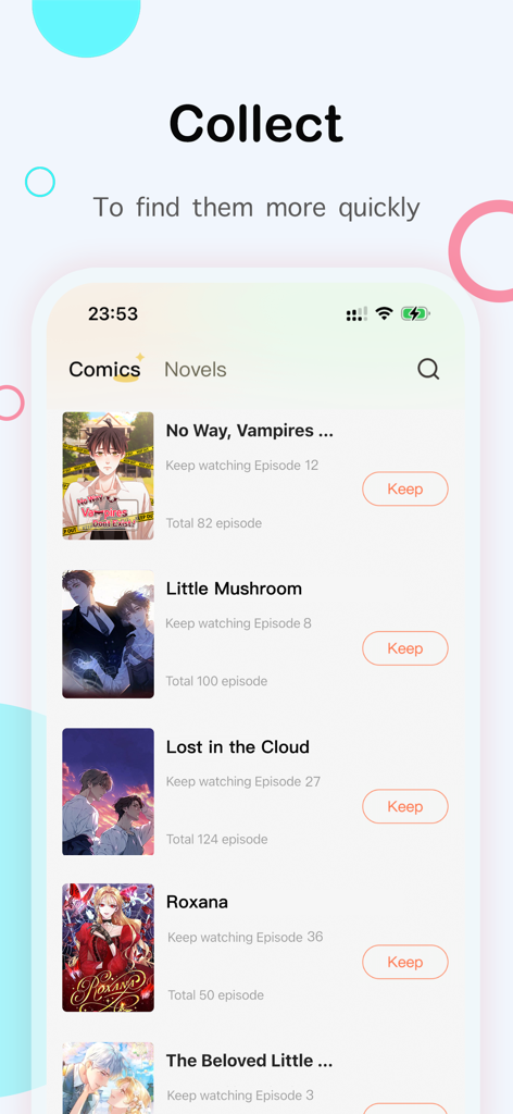 Bontoon - Manga & Comics - Bontoon app interface showing a list of collected manga and comics with reading progress
