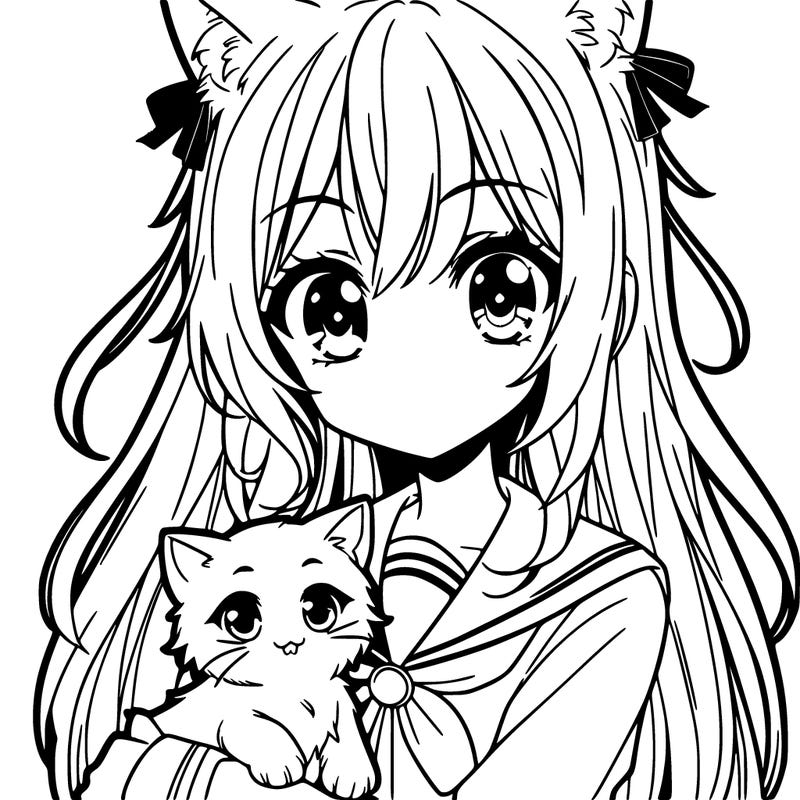 manga girl with cat ears and holding a cat