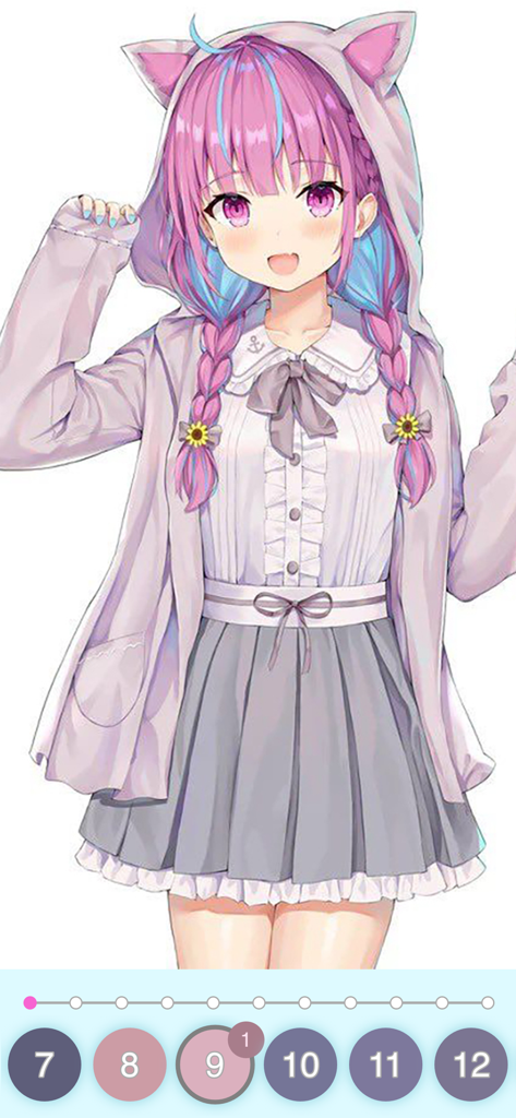 Anime Color - Paint by Number - Interfaz de coloreado digital de la aplicación Anime Color con una linda chica anime con una sudadera con capucha de orejas de gato