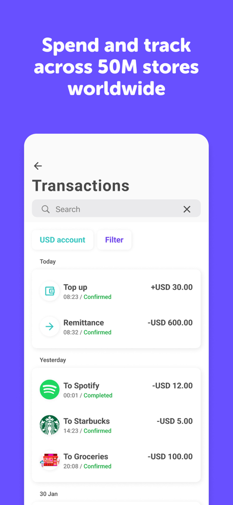 Transaction history screen in the Pyypl app showing USD payments and account top-ups