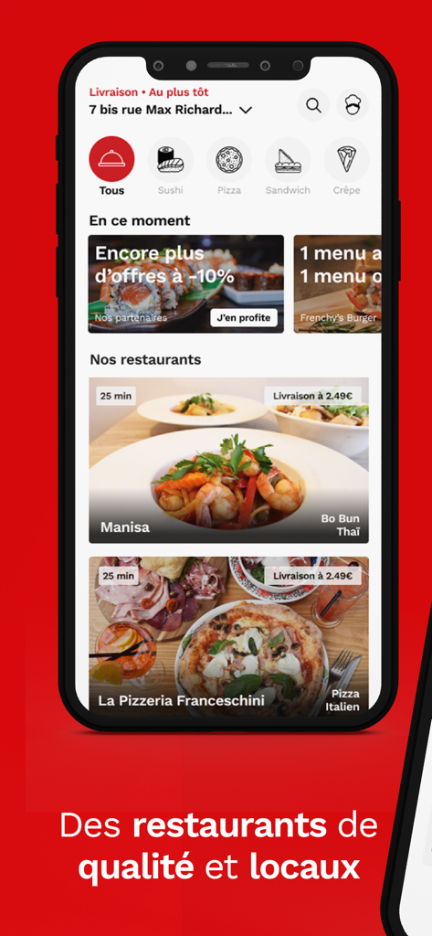 Frères Toque - Interface de l'application mobile Freres Toque montrant une liste de restaurants locaux et des catégories d'aliments.