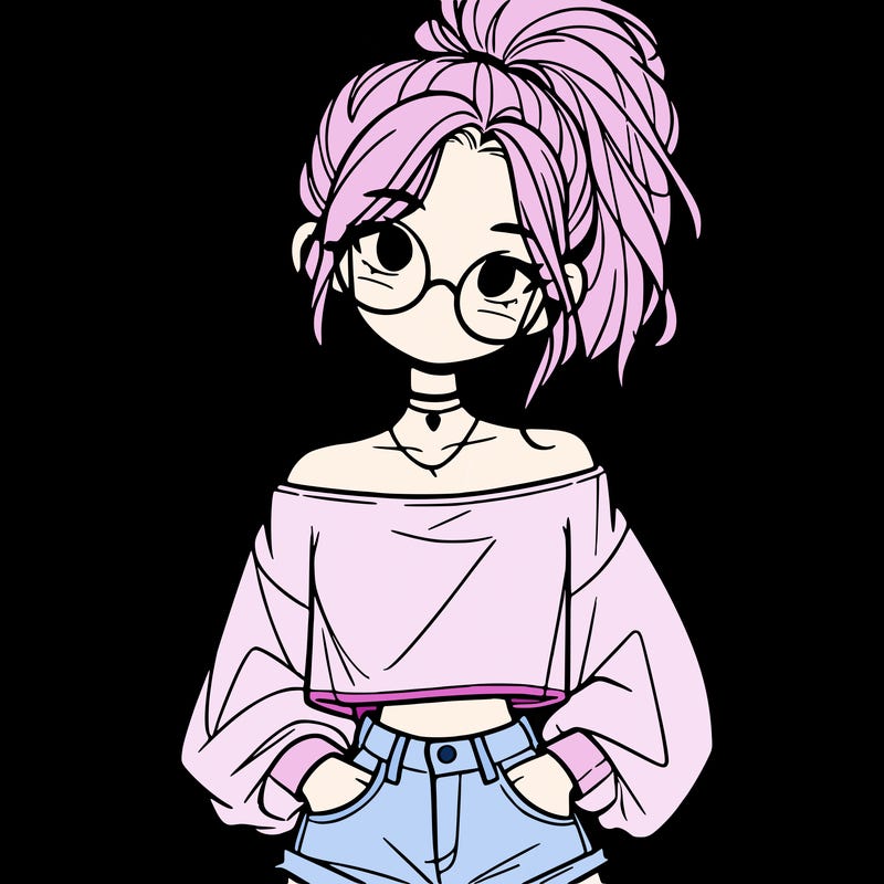 girl with a messy ponytail glasses a baggy crop top and jean shorts