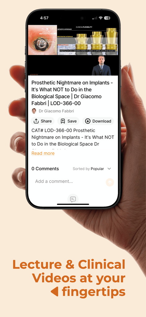 gIDE Dental Institute - A smartphone displaying a clinical video lecture on dental implants in the gIDE Dental Institute app