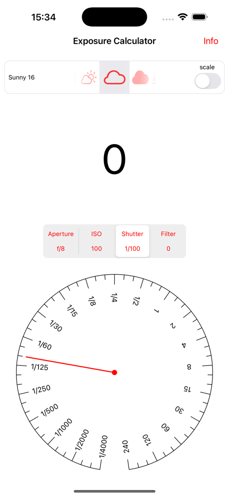 Exposure Equivalence - Oberfläche der Belichtungsgleichwertigkeits-App, die ein kreisförmiges Einstellrad für die Verschlusszeit und Einstellungen zur Belichtungsbalance für die manuelle Fotografie zeigt.