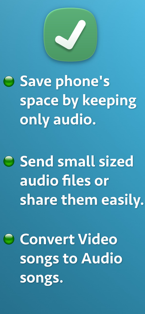 Video to Audio Extractor - Lista de beneficios de la aplicación que incluyen ahorro de espacio en el teléfono y fácil intercambio de audio.