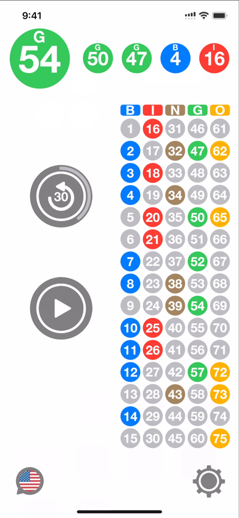 Bingo Call app showing the 75 ball grid and the current number called
