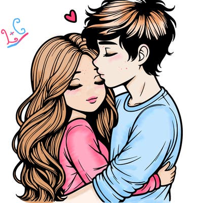 a realistic couple boy and girl hugging and kissing