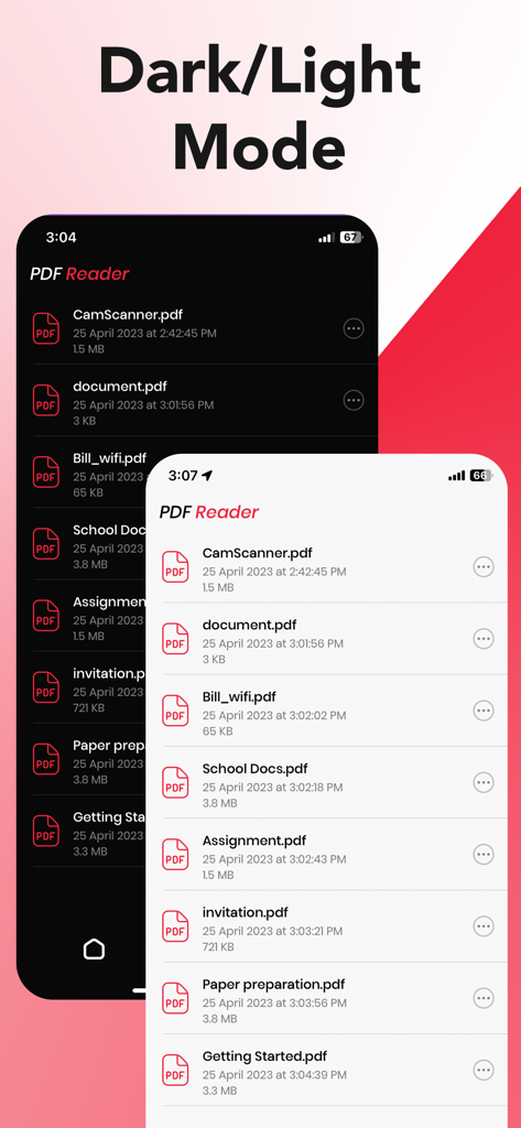 A side by side comparison of the PDF Reader mobile app interface in dark and light modes showing a list of documents