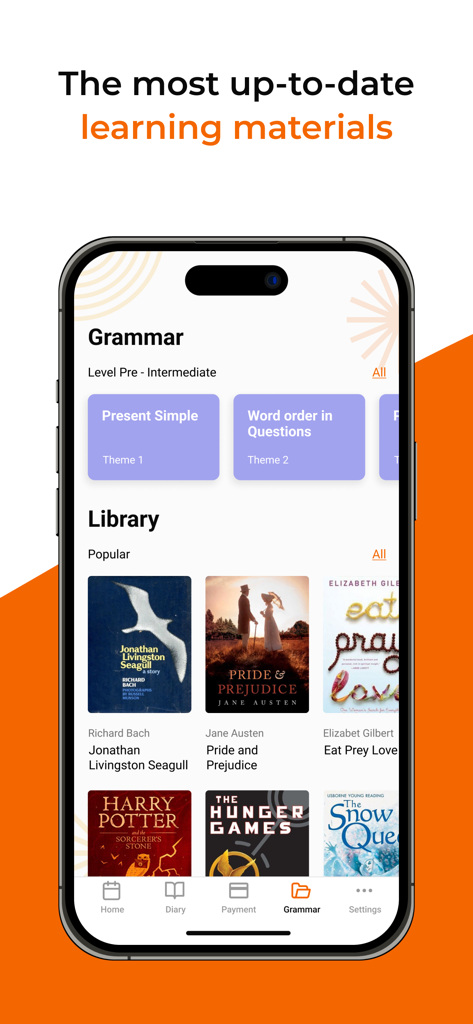 JustSchool - English Online - Uma captura de tela do aplicativo JustSchool apresentando aulas de gramática e uma biblioteca de livros de inglês.
