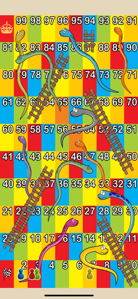 Snake & Ladder Game - Plateau numérique coloré d'un jeu classique Serpent et Échelle avec des pions et des serpents animés