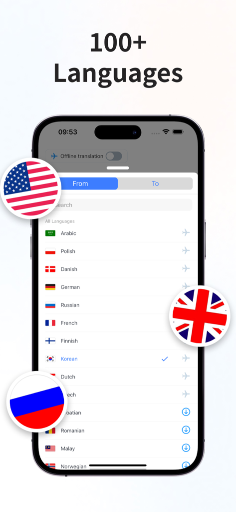 Translator : Dialogue & Text - Uno schermo mobile che mostra un elenco di oltre 100 lingue per la traduzione con icone di bandiere nazionali