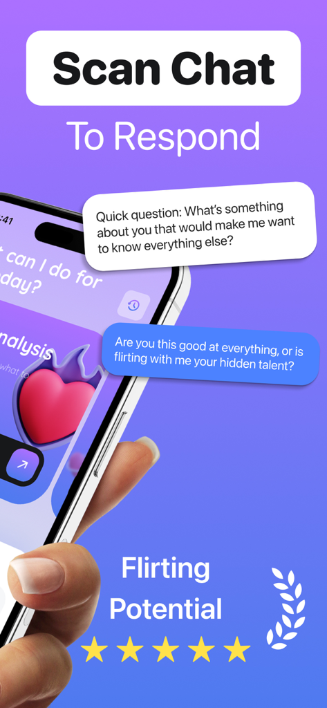 Rizz AI Talk: Dating Assistant - A hand holding a smartphone showing the Rizz AI app interface with the text Scan Chat To Respond and a high flirting potential rating with five stars.