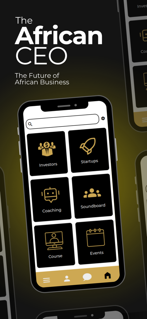 The African CEO - Um smartphone mostrando a tela inicial do aplicativo The African CEO com ferramentas de negócios como Investidores, Startups e Coaching