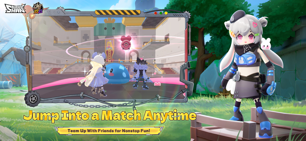 Sausage Man - Pantalla promocional del juego móvil Sausage Man mostrando un elegante skin de personaje y una vista previa del combate en la arena multijugador