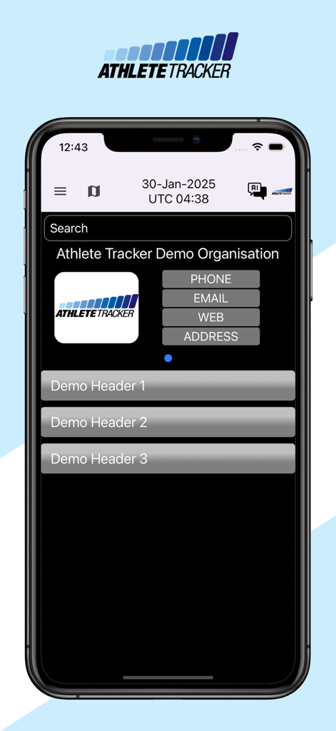 Athlete Tracker app interface showing the organization dashboard with contact buttons and demo headers