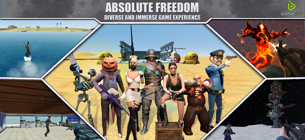 A group of diverse game characters and various gameplay scenes from UMod Ultimate Sandbox Online.