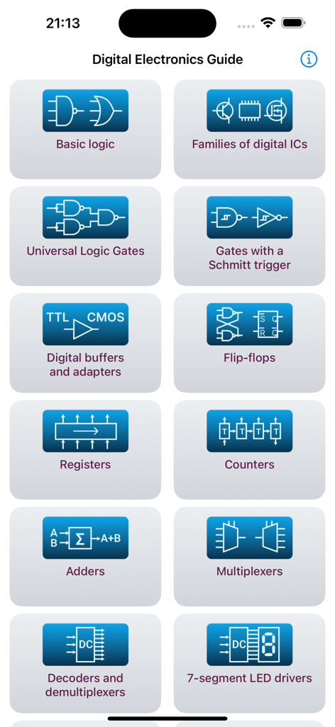 Digital Electronics Guide - デジタルエレクトロニクスガイドアプリのメインメニュー。論理ゲート、ICファミリー、回路コンポーネントのカテゴリが表示されています。