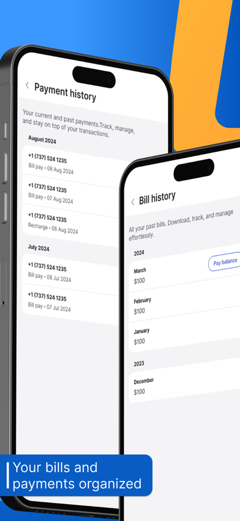 My Liberty App - Two smartphone screens showing bill and payment history lists within the My Liberty App interface.