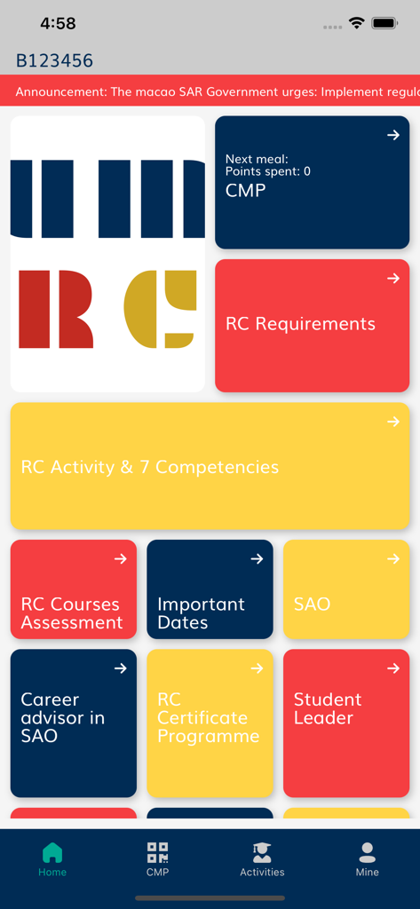 Startbildschirm der UMRC-Mobil-App, der ein Dashboard mit Wohnheim-Diensten der Universität in einem Kachel-Layout anzeigt.