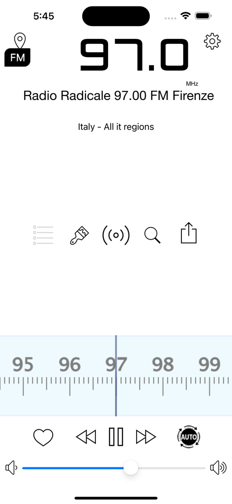 Analog Radio - The user interface of the Analog Radio app showing an FM dial tuned to an Italian station
