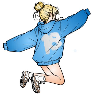 realistic girl jumping with a bun and oversized sweatshirt