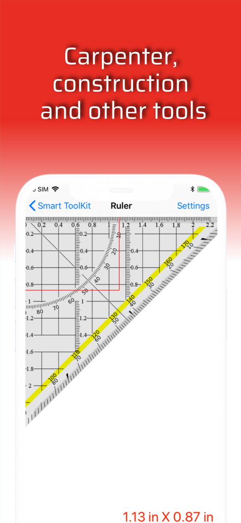 Digital ruler tool interface in the Smart Tools All In One Box app for construction and DIY.