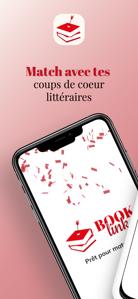Booklink - Smartphone displaying the Booklink app logo with the headline Match with your literary favorites and confetti animation