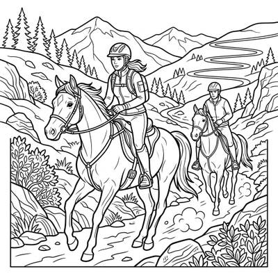 Experience the thrill of long-distance horseback riding with this detailed endurance riders coloring page. Perfect for equestrian enthusiasts, it captures the spirit of adventure on a rugged mountain trail.