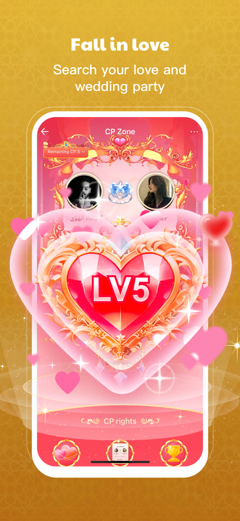 Mashi - Group Voice Live Chat - Mashi app CP Zone interface showing a level five relationship status with two users profile pictures and pink heart decorations