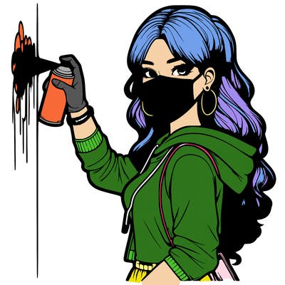 realistic girl with mask spray painting a wall