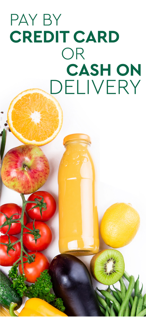 Hachem Online - Hachem Online app interface showing credit card and cash on delivery payment options with a variety of fresh produce