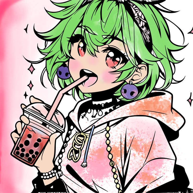 hot baddie anime girl drinking boba and biting the straw