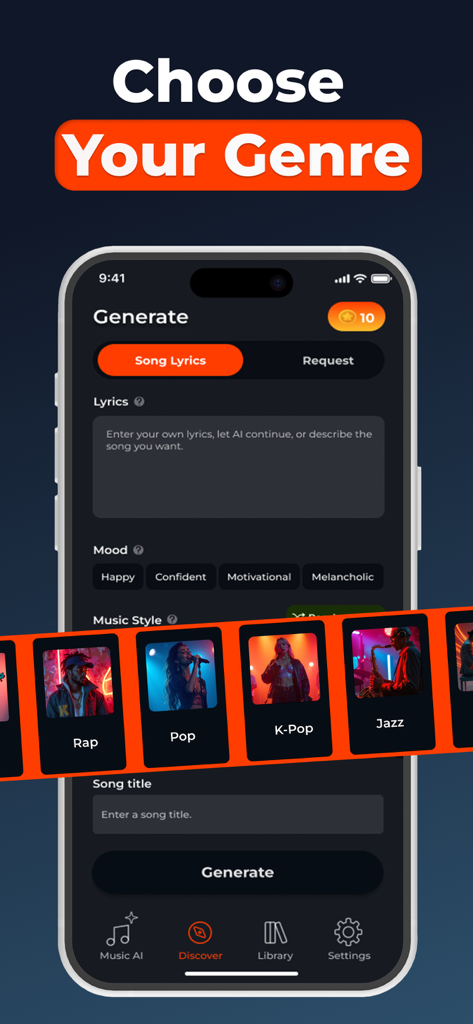 AI Song Generator - Rexa - Rexa app interface showing genre selection options for creating AI generated music