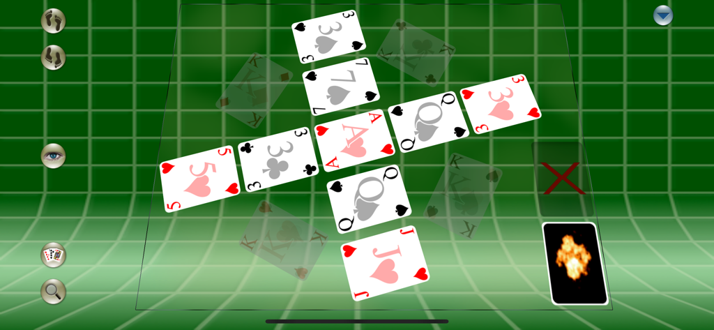 Solitaire Forever - 3D perspective of a solitaire card layout on a green grid background with navigation icons