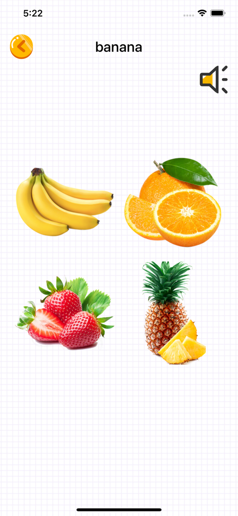 英语启蒙-儿童英语单词卡和26个字母游戏 - English vocabulary learning screen with pictures of banana orange strawberry and pineapple