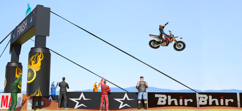 Motocross rider performing a mid-air stunt jump over a finish line