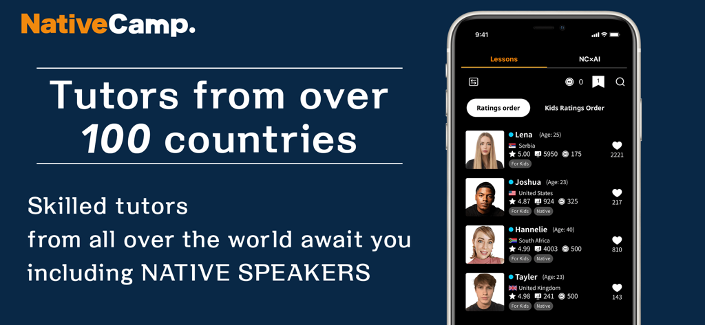 Native Camp - Native Camp mobile app screen showing English tutors from various countries and native speakers