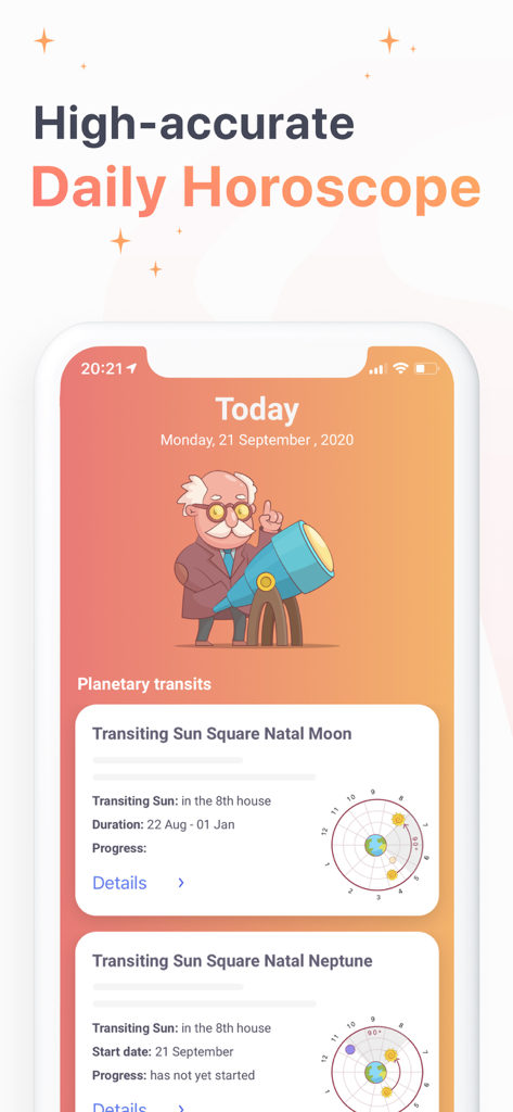 Daily Horoscope App 2024 - Interface de l'Application Horoscope Quotidien montrant les transits planétaires en temps réel et les détails du thème astral sur un smartphone.