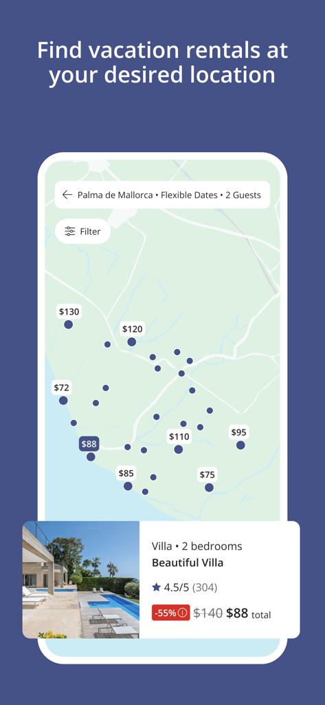 A map view in the Casamundo app showing vacation rental prices and a featured villa listing in Palma de Mallorca.
