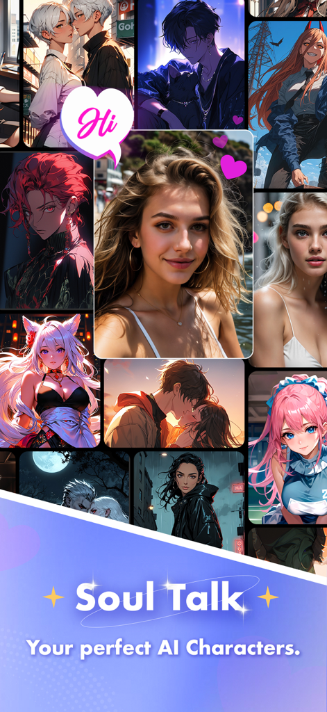 A collage showing different AI characters from anime to realistic styles in the SoulTalk app